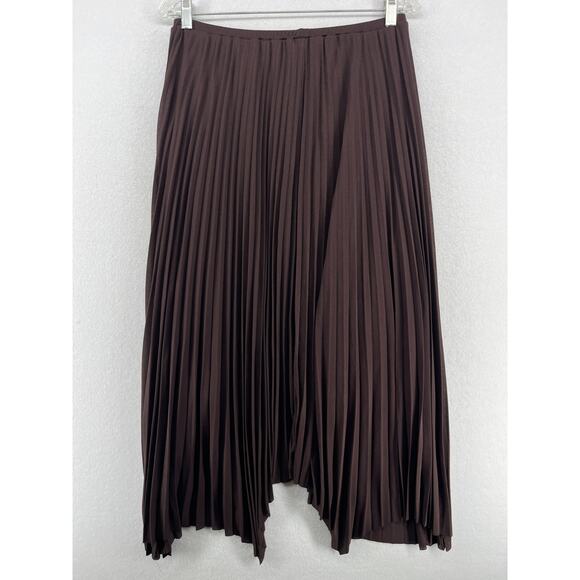 ZARA Skirt L Pleated Asymmetric Hem Elastic Waist Midi Swing Lined Brown - Picture 2 of 12